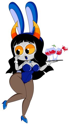 aged_up amisia_erdehn black_hair blue_tongue breasts bunny_ears bunny_girl bunnysuit clothing cloudcyanide female full_body glasses grey_skin high_heels hips hiveswap homestuck horns long_hair ms_paint_adventures rabbit_tail solo surprised thick_thighs thighs tray troll