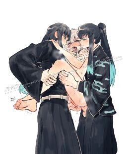 1girls 2boys anal anal_insertion anal_sex blonde-haired_female blonde_female blonde_hair blue_eyes blue_hair commission_art cow_ears cow_girl cow_horns crying crying_with_eyes_open cum cum_in_pussy cum_inside demon_slayer double_penetration female finger_in_another's_mouth finger_in_mouth hairless_pussy kimetsu_no_yaiba male muichiro_tokitou nipples nipples_outside oc original_character pink_nipples pussy qwq68782385 red_eyes rg20000223 rough_sex spread_legs white_hair yuichiro_tokitou