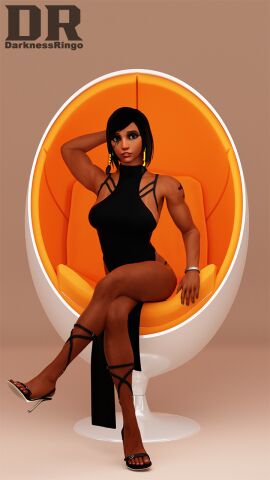1girls 3d african_female black_dress blizzard_entertainment darknessringo egyptian egyptian_female female female_focus female_human female_only high_heels overwatch overwatch_2 pharah sitting solo solo_female solo_focus tan-skinned_female tan_skin