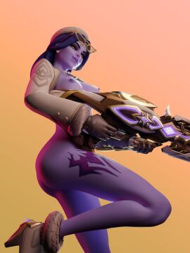 1girls 3d ass breasts convenient_censoring female gun hat light-skinned_female light_skin looking_at_viewer lookinsmirking_at_viewer open_clothing open_jacket overwatch overwatch_2 purple_skin seductive smirking_at_viewer solid_color_background solo solo_female sunglasses_on_head widowmaker