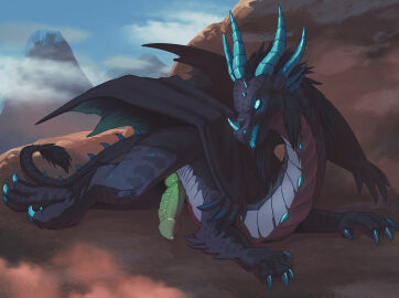 blue_eyes claws cloud countershade_torso countershading day dragon drakawa erection european_mythology feral finger_claws genitals glowing glowing_eyes green_penis grey_body grey_scales horn long_neck lying male male_feral male_focus membrane_(anatomy) membranous_wings mountain mythological_creature mythological_scalie mythology nose_spike on_front open_mouth outside penis ridged_penis scales scalie shaded sharp_teeth sky snout solo spiked_tail spikes spikes_(anatomy) tail tail_tuft teeth toe_claws tongue tuft western_dragon wings