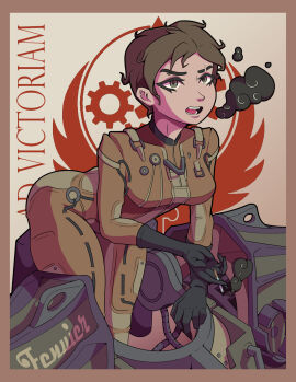 bodysuit brotherhood_of_steel_(fallout) clothing fallout fallout_4 female fenuier human pale_skin poster power_armor power_armor_(fallout) smoking tagme