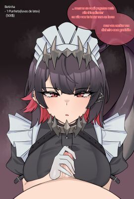 1boy 1girls absurdres black_hair chihel clothed_female_nude_male colored_inner_hair earrings ellen_joe expressionless female glove gloved_handjob hair_between_eyes handjob highres hoyoverse jewelry light-skinned_female light-skinned_male light_skin male male_pov mihoyo mole mole_under_eye multicolored_hair netorare ntr open_mouth penis pov raceplay red_eyes red_hair short_hair sidelocks small_penis small_penis_humiliation solo_focus speech_bubble translation_request two-tone_hair uncensored zenless_zone_zero