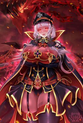 absurdres azur_lane belt black_cape black_garter_straps black_panties black_skirt breasts cape chains commission corruption covered_navel cowboy_shot cross dark_persona female garter_straps glowing glowing_eyes gold_trim highres huge_breasts illustrious_(azur_lane) iron_cross long_hair looking_at_viewer mixed-language_commentary nipple_piercing nipples non-humanoid_robot panties piercing pixiv_commission red_belt red_eyes robot robot_dragon shin_yamiochi showgirl_skirt skin_tight skirt underwear very_long_hair white_hair