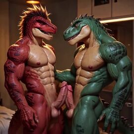 abs ai_generated animated anthro brown_hair claws comfyui from_side frottage furry gay indoors looking_at_another male male/male male_only muscular navel nipples red_body sharp_teeth standing tagme tail tyrannosaurus_rex video yaoi