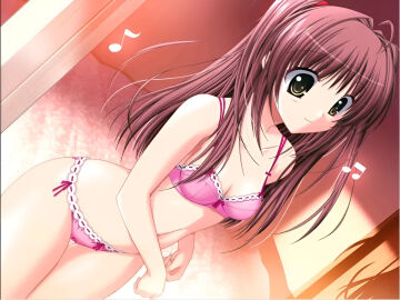 ahoge anejiru ass_visible_through_thighs bare_arms bare_belly bare_legs bare_shoulders bare_thighs belly_button bra breasts brown_eyes brown_hair choco_chip cleavage closed_mouth collarbone female game_cg hair_ribbon indoors long_hair official_art panties pink_bra pink_panties shiny_skin shirakawa_anzu small_breasts smile standing thighs twintails underwear underwear_only undressing