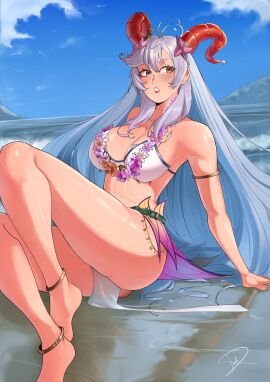 1girls alternate_costume arm_support bare_arms bare_legs bare_midriff bare_shoulders barefoot beach bikini blue_hair breasts cleavage collarbone deliciousbra female female_only fire_emblem fire_emblem_heroes flower flower_necklace freyja_(fire_emblem) gradient_hair grey_hair horns large_breasts legs long_hair looking_to_the_side midriff multicolored_hair nintendo ocean official_alternate_costume pelvic_curtain red_eyes shoulders sitting solo swimsuit very_long_hair water white_bikini white_swimsuit