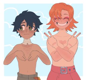 1boy 1girls black_hair both_sexes_in_same_situation female hazel_eyes human male nora_valkyrie orange_hair oscar_pine pink_eyeshadow rwby scepterno tagme tanline topless topless_female