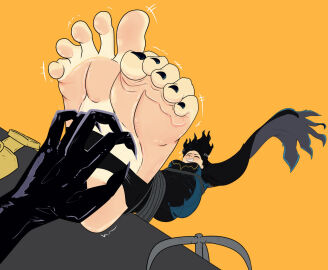 2girls batman_(series) batwoman black_hair black_nail_polish cape cassandra_cain catwoman clawed_fingers claws dangling dc dc_comics female foot_focus grappling_hook hi_res light-skinned_female light_skin pale-skinned_female pale_skin rope_bondage scrunched_toes selina_kyle smirk source stirrups superheroine tickling tickling_feet tied_up toes utility_belt