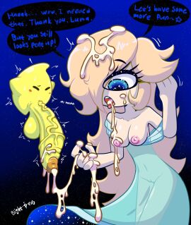 1boy 1girls adoptive_incest balls blightstar blonde_hair blue_eyes blush breasts breasts_out breasts_out_of_clothes closed_eyes cum cum_in_hair cum_in_mouth cum_on_breasts cum_on_face cum_on_hand dialogue dress english_text eyelashes female large_balls larger_female living_star long_hair luma male mario_(series) massive_penis medium_breasts micro_male no_underwear penis penis_longer_than_body pink_nipples princess_rosalina pushing_hair_back pussy see-through_clothing sheer_clothing small_but_hung small_dom_big_sub speech_bubble star star_eyes stars super_mario_bros. super_mario_galaxy tagme tongue tongue_out vagina veiny_penis yellow_body