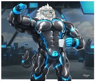 2022 abs absurd_res anthro areola bara biceps big_muscles biped black_body black_fur blue_eyes dronesuit eyewear eyewear_on_head felid flexing flexing_bicep fur glasses glasses_on_head glaucablitz hi_res holding_coffee_mug lion lock_bulge looking_at_viewer male mammal mane muscles muscular muscular_anthro muscular_male muscular_sub nipple_piercing nipple_ring nipples pantherine pecs piercing pink_nipples ring_piercing solo standing submissive submissive_anthro submissive_male white_body white_fur white_mane yaoi