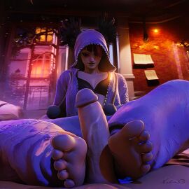 3d barefoot big_feet black_hair feet female foot_fetish footjob juri_han nail_polish nibs3d onesie pajamas partially_clothed pillow purple_eyes purple_hair scrunched_toes sleepy soles street_fighter street_fighter_6 tagme toes white_skin