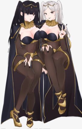 2girls alternate_costume anklet black_hair bodystocking bracelet breasts bridal_gauntlets cape cleavage cosplay female female_only fire_emblem fire_emblem_awakening floating grey_eyes grey_hair highres jewelry knee_up knees_up large_breasts leg_up legs_up lips lipstick long_hair looking_at_viewer makeup multiple_females multiple_girls nail_polish nintendo robin_(fire_emblem) robin_(fire_emblem)_(female) serafineart1001 side-by-side sitting smile tharja_(fire_emblem) tharja_(fire_emblem)_(cosplay) twintails v white_hair yellow_eyes