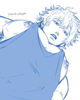 big_pecs blue_theme earthnattapat gintama gintoki_sakata looking_at_viewer looking_down low-angle_view male male_only meme monochrome muscular muscular_male nipple_slip pecs sketch solo tank_top underpec upper_body yur_oc_like_this_(meme)