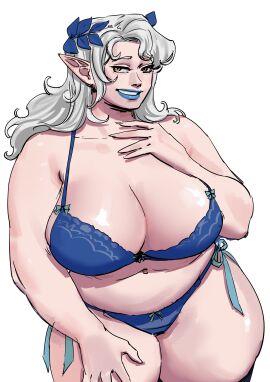 blue_bra blue_lips blue_panties bra breasts cropped_legs female jururenu large_breasts lingerie_only original panties plump pointy_ears simple_background smile white_hair