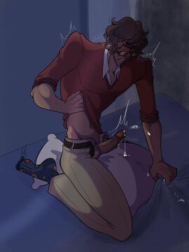 1boy 2d bedroom brown_hair clothed clothed_masturbation dark-skinned_male dark_skin detailed_background erection glasses humping humping_pillow male male_only masturbation minxami noah_winters_(minxami) penis pillow pillow_humping socks space_socks