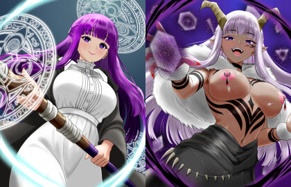 before_and_after bertstudent black_coat black_robe black_skirt blunt_bangs breasts capelet choker claws coat corruption dark_persona dress ear_piercing earrings female fern_(sousou_no_frieren) fur-trimmed_capelet fur_trim holding holding_staff horns jewelry large_breasts lips looking_at_viewer mage_staff navel nipple_piercing nipples piercing pointy_ears purple_eyes purple_hair purple_pupils qual_(sousou_no_frieren) red_nails robe skirt smile sousou_no_frieren staff straight_hair teardrop_earrings topless_female transformation white_capelet white_dress wrist_cuffs