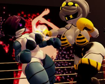 2girls 3d big_breasts bikini boxing boxing_gloves boxing_match breast_punch breasts catfight disassembly_drone female female_focus female_only fight fighting glitch_productions huge_breasts josugomezofficialnew large_breasts murder_drones punch punching punching_breasts purple_hair robot robot_girl ryona short_hair thick thick_thighs thighs uzi_(murder_drones) v_(murder_drones) vs white_body white_hair wide_hips worker_drone
