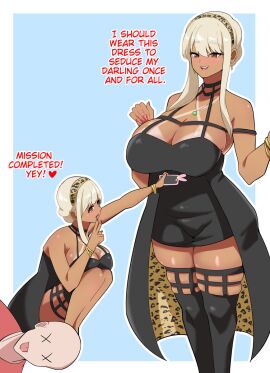 animal_print animal_print_headband black_dress bracelets breasts_bigger_than_head chocker cleavage earring female gyaru headband huge_breasts kneeling kuraido leopard_print necklace peace_sign phone plump selfie smile spy_x_family tanline tanlines tanned tanned_female tanned_skin thick thick_thighs yor_briar yor_forger