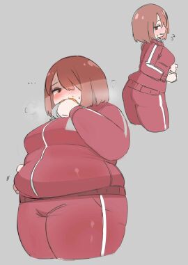b45ui bbw before_and_after blush eating embarrassed fat fat_female fat_fetish female holding_belly hoshino_miyako_(wataten) overweight overweight_female pink_hair tracksuit watashi_ni_tenshi_ga_maiorita! weight_gain