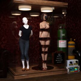 3d aunt_cass big_hero_6 bondage bound bound_arms bound_legs brown_hair cass_hamada completely_nude disney english_text female mannequin marvel marvel_comics nude nude_female oldmanjaay text trophy_case