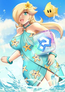 1girls blonde_hair blue_eyes earrings female hair_over_one_eye item_box_(mario) light-skinned_female light_skin luma mario_(series) mario_kart nintendo open_mouth outdoors pantsudesu partially_submerged princess_rosalina princess_rosalina_(swimwear) sea solo splash star_earrings super_mario_galaxy visible_nipples