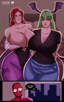 1boy 2girls bed bedroom big_breasts breasts capcom colacat95 cosplay crossover curvaceous curvy curvy_body curvy_figure darkstalkers duo duo_female duo_focus eastern_and_western_character english_text female green_hair hair_wings hips huge_breasts imminent_sex imminent_threesome leotard male male/female marvel marvel_comics marvel_vs._capcom mary_jane_watson mary_jane_watson_(cosplay) morrigan_aensland morrigan_aensland_(cosplay) pantyhose peter_parker red_hair spider-man spider-man_(series) straight superhero swapped_clothes tagme text thick_thighs thighs wide_hips wings