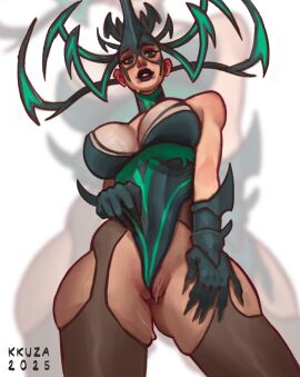 female hela hela_(marvel_rivals) horn kkuza marvel marvel_comics marvel_rivals pussy sweat thor_(marvel)