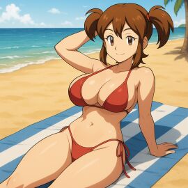 ai_generated beach belly belly_button big_breasts bikini breasts brown_eyes brown_hair brunette_hair milf sexy twintails