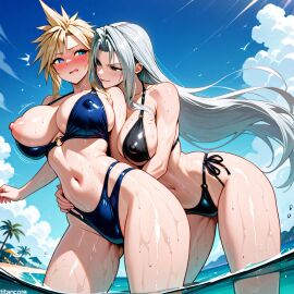 (titancore) after_transformation ai_generated beach beautiful_day beautiful_females bikini_bottom bikini_top blonde_hair blush cloud_strife cloudette_strife curvy_figure cute_girls embarrassed final_fantasy_vii huge_breasts long_hair my_lady naughty_girl nipples perfect perfect_body playful puffy_nipples rule_63 seaside sephimom sephiroth silver_hair spiky_hair transformation video_game_character water wet_body wet_skin yuri