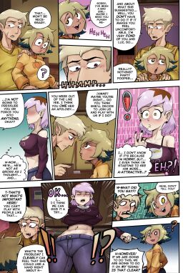 1boy 2girls amity_blight blonde_hair cheek_scar comic dialogue english_text female hunter_(the_owl_house) light_purple_hair magenta_eyes male multiple_females multiple_girls orientation_play ruddyrzaq scar surprised surprised_expression text the_amiter_secret the_owl_house vee_(the_owl_house) vee_(the_owl_house)_(human) yellow_eyes