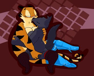 abstract_background absurd_res anthro anthro_on_anthro betty_(weaver) big_breasts black_body black_fur bodily_fluids boots breasts canid canine closed_eyes clothing digital_media_(artwork) duo felid female female/female finger_fuck fingering fishnet_clothing fishnet_legwear footwear footwear_only fur half-closed_eyes hi_res interspecies kissing legwear mammal mostly_nude narrowed_eyes orange_body orange_fur pack_street pandora_(weaver) pantherine pussy shoes spread_legs spreading stockings stripes sweat tail tail_motion tailwag the_weaver vaginal_penetration