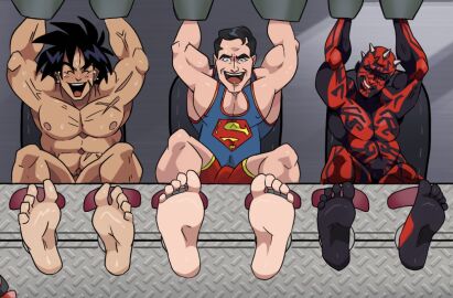 3boys alternate_version_available blush bondage broly broly_(dragon_ball_super) clark_kent crossover darth_maul dc dc_comics dragon_ball dragon_ball_super foot_fetish foot_focus kal-el laughing male male_feet male_only male_tickling multiple_boys multiple_males no_visible_genitalia oil pmarshyy resisting resisting_pleasure star_wars superman superman_(clark_kent) sweat tickle_torture tickling toes_tied veins