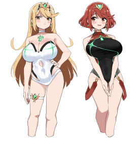2girls big_breasts blonde_hair blush breasts competition_swimsuit core_crystal female fried_bocky highres large_breasts long_hair multiple_females multiple_girls mythra mythra_(radiant_beach)_(xenoblade) one-piece_swimsuit pyra pyra_(pro_swimmer)_(xenoblade) red_eyes red_hair short_hair simple_background skindentation swimsuit thick_thighs thigh_strap thighs white_background xenoblade_(series) xenoblade_chronicles_2 yellow_eyes