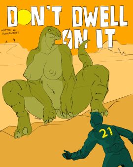 absurd_res anthro big_breasts breasts crouching desert digitigrade duo eyelashes fallout female front_view gatorclaw_(fallout) genitals green_body green_scales hi_res huge_breasts human male mammal microsoft navel nipples pussy scales scalie size_difference skwmt4 sun text thick_thighs vulva wide_hips yellow_eyes