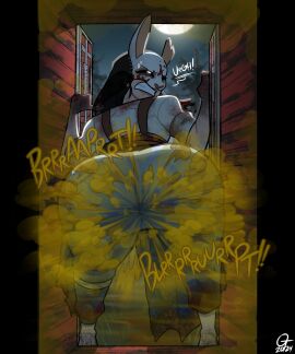 1girls dead_by_daylight fart fart_cloud fart_fetish female huntress_(dead_by_daylight) oddtenn solo stuck stuck_in_door tagme