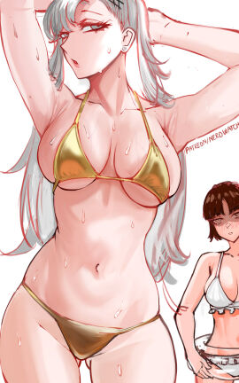 2girls atlus big_breasts bikini bikini_bottom bikini_top bottomwear breasts brown_hair cleavage female female_only hair hands_behind_head jealous long_hair makoto_niijima mature mature_female nero_watch persona persona_5 sae_niijima short_hair sisters swimwear thighs topwear wet wet_body white_bikini white_eyes white_hair yellow_bikini