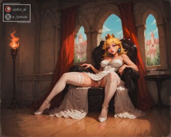 1girls ai_assisted aisinful big_breasts blonde_hair breasts female female_only hi_res high_heels huge_breasts lace lace-trimmed_thighhighs lace_trim large_breasts mario_(series) mommy princess_peach solo sundress super_mario_bros. thick_thighs thighhighs thighs thong wide_hips