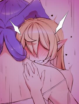 2girls blonde_hair blush braid cgator closed_eyes dragon_girl english_commentary fairy female head_wings highres hug long_hair multiple_females multiple_girls nijisanji nijisanji_en pointy_ears pomu_rainpuff purple_hair selen_tatsuki sex smile virtual_youtuber wings yuri