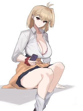 1girls absurdres ahoge antenna_hair arcueid_brunestud ass blonde_hair breasts cat_ears cleavage clothes_around_waist cosplay ear_piercing earrings fake_nails female gigantic_breasts gyaru gyarufication gyarufied hair_intakes highres holding holding_object holding_phone huge_breasts jewelry jonyeld kogal large_breasts long_sleeves looking_at_viewer loose_socks open_shirt phone piercing pink_nails red_eyes school_uniform schoolgirl scrunchie short_hair sitting skirt socks solo sweater sweater_around_waist top_heavy tsukihime vampire vampire_girl visible_breasts wrist_scrunchie