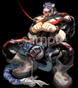 anthro balls begging begging_pose biceps black_background black_latex blue_body blue_hair bodily_fluids bondage boots chained_cuffs chains chastity_cage chastity_device clothing crouching cuff_(restraint) cum cum_dripping_from_penis cum_string eyewear felid genital_fluids genitals goggles hair hi_res hudifeiren hypnosis latex male mammal mind_control pantherine penis pose quads restraints shackles simple_background skinsuit solo striped_body stripes submissive submissive_male three-quarter_view tiger tight_clothing tongue tongue_out watermark