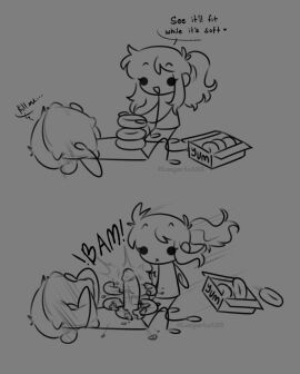 1boy 1girls comic couple couple_(romantic) dialogue donut english_text female lazyartistzz male original original_character penis source_request tagme text wholesome