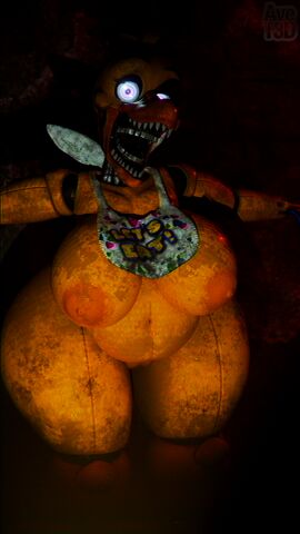 3d_(artwork) absurd_res animatronic anthro apron apron_only areola artist_logo avet3d beak belly bib big_breasts blender_(artwork) breasts chica_(fnaf) clothing dark_lighting digital_media_(artwork) endoskeleton female five_nights_at_freddy's five_nights_at_freddy's_2 fur glowing glowing_eyes hi_res logo looking_at_viewer machine nipples nude pussy pussy_peek robot scottgames sharp_teeth solo standing teeth vhs_filter withered_chica yellow_body yellow_fur