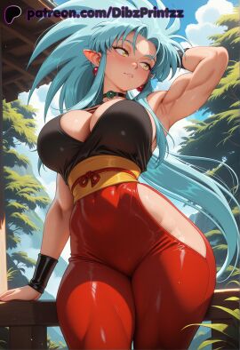 1girls ai ai_assisted ai_generated anime arm_behind_head arm_up armpits artist_name blue_hair blue_sky blush breasts choker cleavage cloud covered_navel day dibzprintz earrings female hi_res high_quality high_resolution highres jewelry large_breasts long_hair looking_to_the_side muscular muscular_female outdoors parted_lips patreon_username pointy_ears red_pants ryoko_hakubi sash sky solo spiked_hair sweat tenchi_muyo! thighs tree very_long_hair watermark yellow_eyes