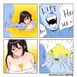 1girls 4koma anon artist_self-insert between_breasts blush breasts breasts_squeezed_together brown_hair cleavage comic crowd faceless_male female large_breasts laughing lemon long_hair male money ok_bah_comics one_eye_closed paizuri simulated_paizuri solo_focus tubetop