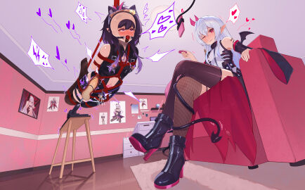 1boy absurdres ahe_gao anal anal_object_insertion animegao arms_behind_back ball_gag bare_shoulders black_thighhighs bondage boots chastity_cage cosplay couch crying crying_with_eyes_open cum detached_sleeves dildo eyewear_on_head female flat_chastity_cage gag gagged glasses grey_hair heart heart-shaped_pupils high_heel_boots high_heels highres hogtie jianghuyemeng_(midsummer) kigurumi long_hair looking_at_viewer male navel nipple_piercing object_insertion on_couch original piercing pointy_ears purple_hair red_eyes restrained sex_machine sex_toy shibari_over_clothes shirt sitting skindentation small_chastity_cage suspension symbol-shaped_pupils tears thighhighs trap white_shirt wiffle_gag zettai_ryouiki