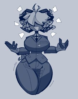 big_breasts breasts ewe female hidden_eyes horns huge_thighs oc original original_character sheep_girl smile suit xexeezy