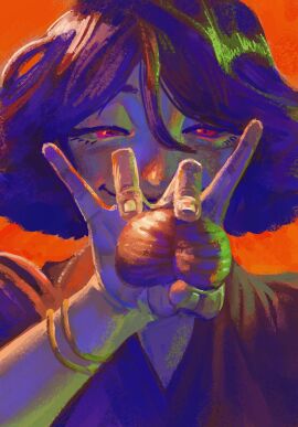 balls bracelet detached_balls female hair_between_eyes highres holding_balls japanese_clothes jewelry male orange_background original quotist red_eyes simple_background smile solo testicles