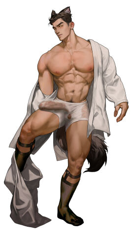 1boy abs animal_ears balls bangs_pinned_back black_hair black_socks boxers bulge clothes_pull down_jacket erection full_body grey_pants highres jacket jacket_pull large_penis legs legwear_garter looking_at_viewer male male_focus male_only male_underwear muscular muscular_male nanyu1998 nipples original pants pants_around_one_leg parted_lips partially_clothed pectorals penis pubic_hair short_hair simple_background single_bare_shoulder socks solo solo_male tail testicles thighs underwear undressing wet wet_clothes wet_male_underwear white_jacket wolf_ears wolf_tail yellow_eyes