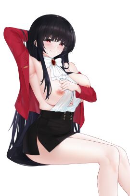 1girls absurdres alvitr_(azur_lane) alvitr_(muspel's_torrid_secrets)_(azur_lane) arm_behind_head azur_lane bare_shoulders black_hair black_skirt blush breasts clothing_aside female from_side half-closed_eyes hand_up heart heart-shaped_pupils highres iron_blood_(azur_lane) jacket large_breasts light-skinned_female light_skin long_hair long_sleeves nipples no_bra official_alternate_costume open_clothes open_jacket presenting pulling_own_clothes red_eyes red_jacket sitting skirt sleeveless smile solo symbol-shaped_pupils very_long_hair zerotwenty_(020)